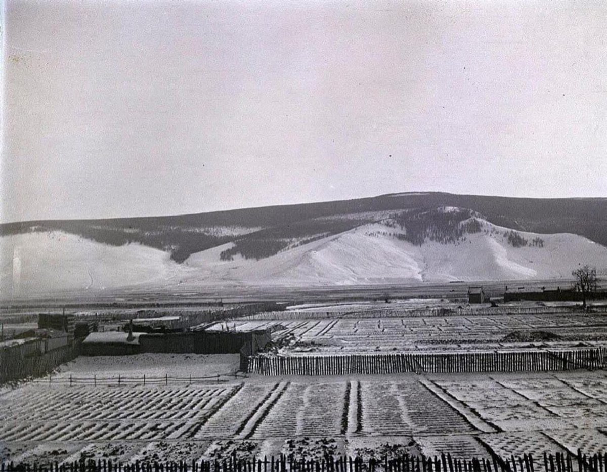 Маймаа хот (албан ёсны нэр нь Элбэг Амгалант гацаа)-оос Богд хан уулыг харахад.
1913 оны 2-р сарын 7.
Гэрэл зургийг Норвегийн аялагч Оскар Мамен.
Эл гэрэл зураг одоо Норвегийн Хаант Улсын Осло хотын Соёлын түүхийн музейд хадгалагдаж байна.