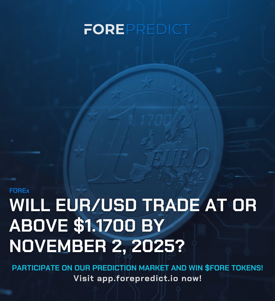 FORE_Predict's tweet image. Will EUR/USD trade at or above $1.1700 by November 2, 2025? The market consensus is split. Is the late week liquidity or surprise economic data the catalyst for a final surge? Participate here▶️app.forepredict.io/categorical_ma… 
#predictionmarket #crypto @FOREXcom #predict #FOREPredict
