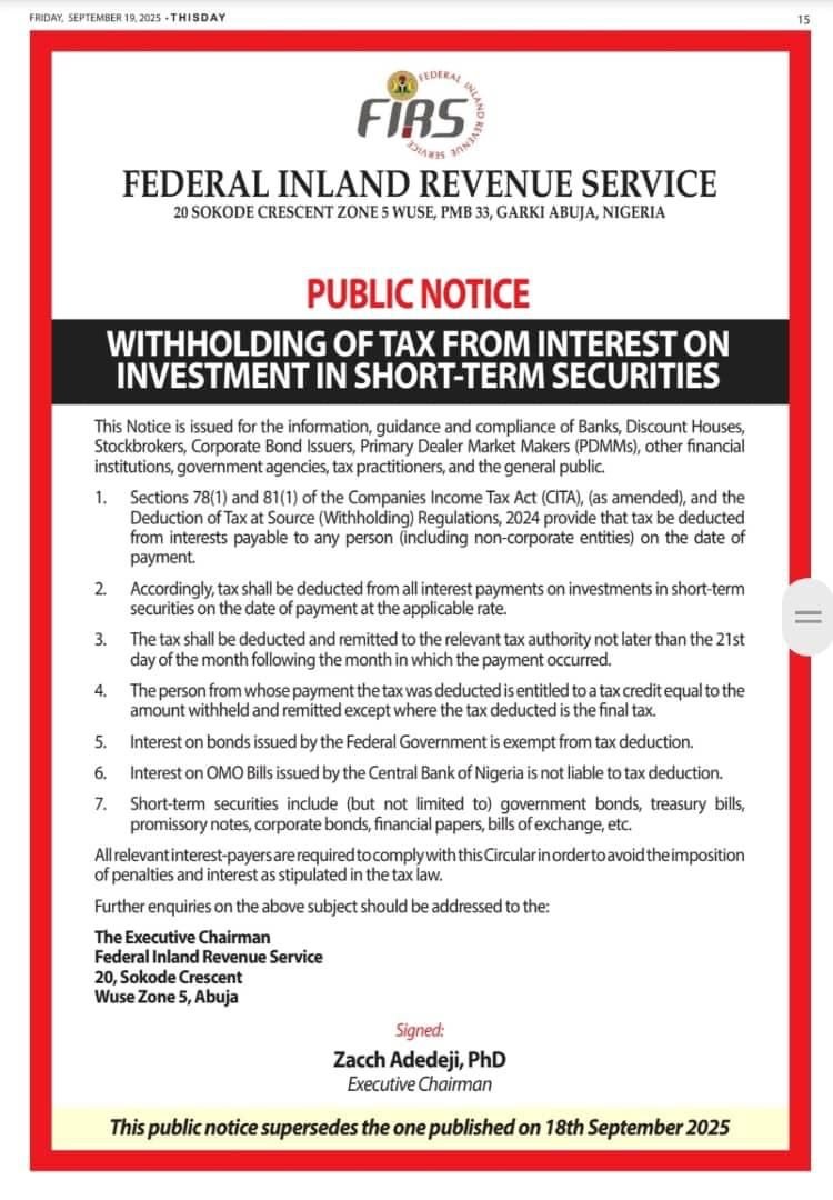 ProfitableMan1's tweet image. The Government Is Now Coming for Your ‘Safe’ Investment Returns.

A new notice from the Federal Inland Revenue Service (FIRS) means your interest from short-term investments like Treasury Bills, corporate bonds, and commercial papers will now be taxed at the source.

This means…