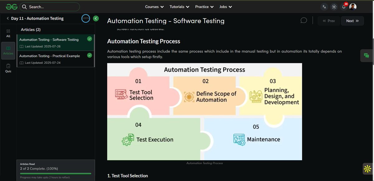 Dhyeychauhan3's tweet image. Day 11 of my #SoftwareTesting SkillUp Journey with
@geeksforgeeks 🚀
Explored #AutomationTesting today ⚙️
Learned the basics of test automation
Automation improves accuracy & saves time
#skillupwithgfg & #nationskillup
NationSkillUp Course 🔗 lnkd.in/gMiiW3_n