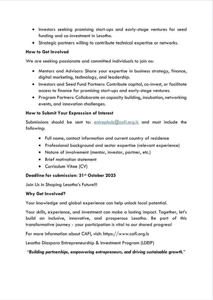 We invite Basotho living abroad to participate in the Lesotho Diaspora Entrepreneurship &amp; Investment Program (LDEIP) - a strategic initiative designed to leverage the potential of the Basotho  Diaspora for national development. #Lesotho #Mosotho #diasporaengagement #lstwitter