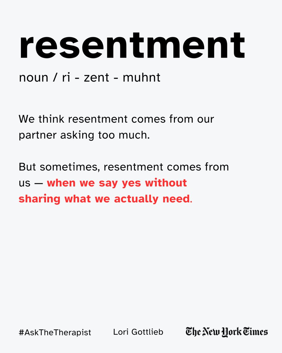 LoriGottlieb1's tweet photo. Sometimes we blame our partner for the resentment we feel when we're really angry at ourselves for abandoning our needs.

But resentment has different sources: there's the resentment that comes from being ignored, and there's the resentment that comes from not speaking up. The second kind is harder to face because it means owning our part in our own unhappiness.

In this week's #AskTheTherapist column, I help a reader who's been carrying years of resentment after moving across the country without voicing what it would cost him. Now he's learning that the path forward starts with having a different kind of conversation with his wife.

🔗 Read my advice #AskTheTherapist ➡️ https://t.co/lwQ0dCKVWG

✉️ Got a dilemma you want help with? Email me! askthetherapist@nytimes.com

🔔 Subscribe to the column at the link in bio to get the column delivered straight to your inbox ➡️ https://t.co/Sne1RWxfMO