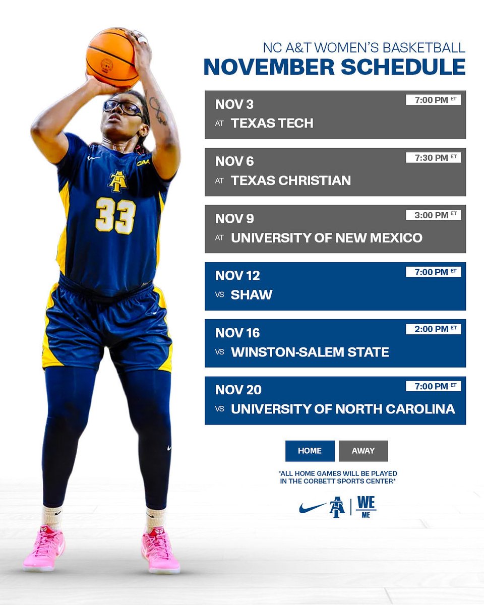 Mark your calendars! 📆
November is packed with action for #AggieWBB 💪🏾🏀

#AggieWBB 💙💛 #Commit2Grit #WeAboveMe #LevelUp #BeUncommon #AlumniWeekend #AggiePride