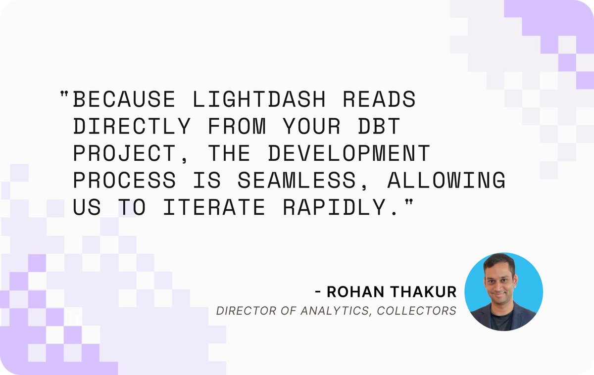 lightdash_devs's tweet image. We spoke to @collectors about how they scaled trusted metrics across the org using Lightdash without piling work on analysts 💪 

Read the full story 👉 lightdash.com/customer-story…