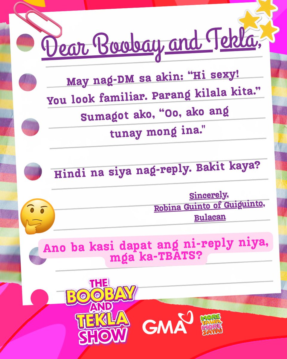 gtvphilippines's tweet image. BASAHIN: Isang nakakalokang #DearBoobayAndTekla entry ngayong Lunes! 💌😆

Kayo na ang humusga, mga ka-#TBATS! I-comment mo na ang thoughts mo! ⬇️