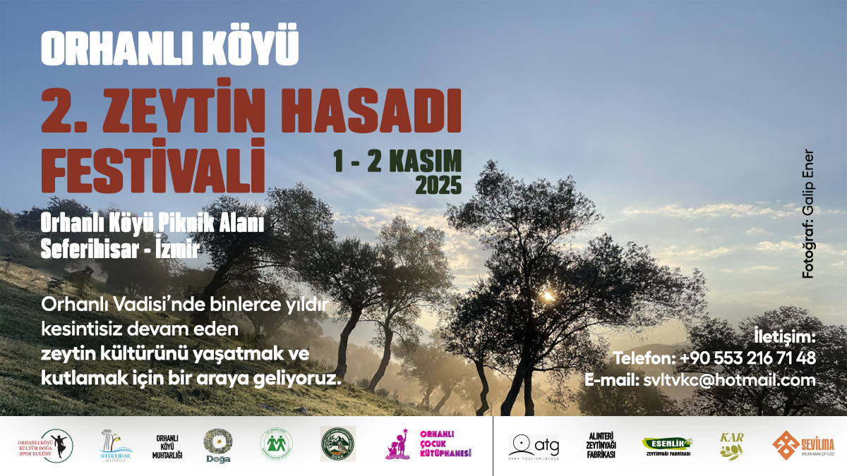 Orhanlı Köyü 2. Zeytin Hasadı Festivali’nde Buluşuyoruz!

Binlerce yıldır kesintisiz süren zeytin kültürünü yaşatmak için düzenlenen Festival, pek çok kurumun imecesiyle 1-2 Kasım 2025 tarihlerinde gerçekleşiyor.
Bu yılki festivalin ana teması, Orhanlı Vadisi’nin simgesi haline