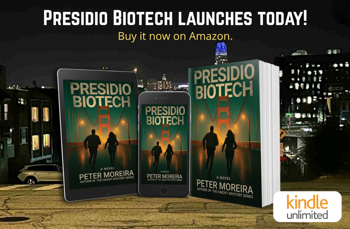 My new #thriller PRESIDIO BIOTECH has launched! 
It follows bioprinting entrepreneurs Emily &amp; Jake, who are on the run after their colleague is murdered. 
Order it here: shorturl.at/lVnsV

#technothriller
#booklaunch
#crimefiction
#bookworm
#sanfrancisco
#KindleUnlimited