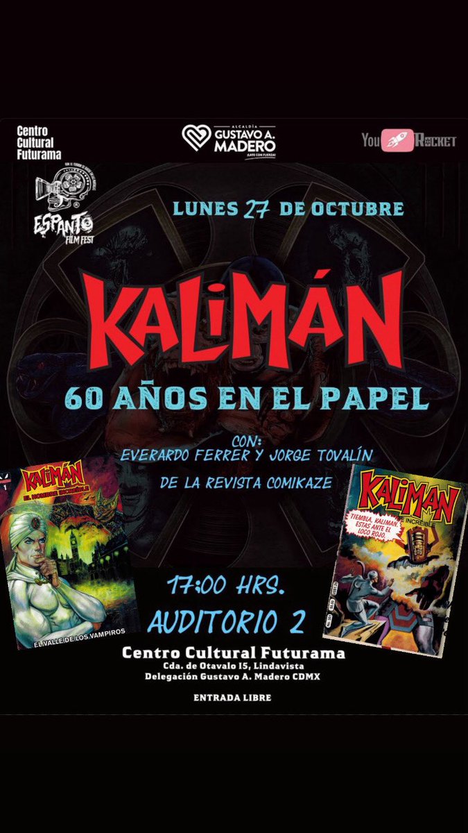 Hoy en <a href="/EspantoFilm/">𝕰𝖘𝖕𝖆𝖓𝖙𝖔 𝕱𝖎𝖑𝖒 𝕱𝖊𝖘𝖙</a> también se festejarán los 60 años de la historieta de #Kalimán, los estimados <a href="/eltovalo/">Jorge Tovalín</a> y Everardo Ferrer hablarán del pasado, presente y futuro del personaje en los #comics. Nos vemos en un rato.