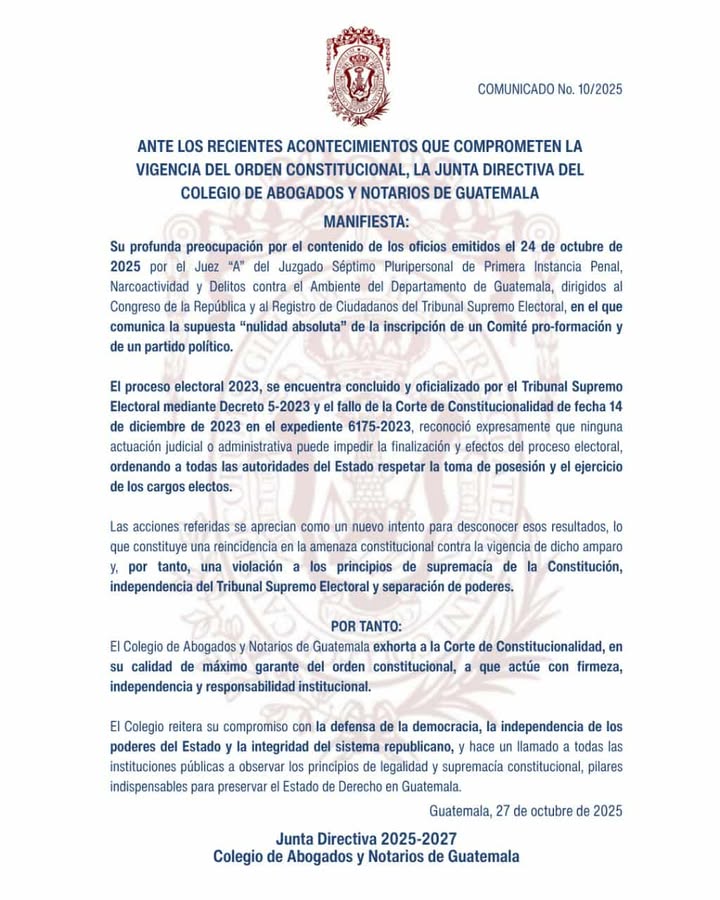 🟠#Comunicado | La Junta Directiva del CANG se pronuncia ante el intento de golpe de Estado señalado por el presidente Bernardo Arévalo y solicita a la CC actuar con firmeza para proteger los resultados electorales de 2023 y garantizar la vigencia del orden constitucional.