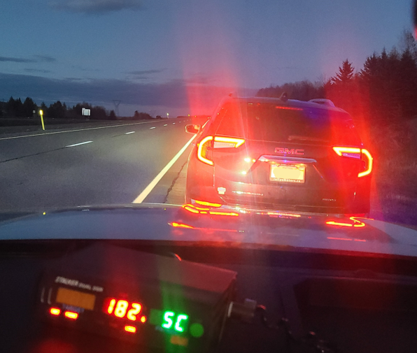 RCMPNB's tweet photo. On Saturday, #RCMPNB in #Hampton stopped this vehicle for travelling 182 km/hr in a 110 km/hr zone on Hwy 1 in #Norton. The driver was issued a $604.50 ticket, and the vehicle was impounded for 7 days at the owner’s expense. #SlowDownNB https://t.co/lB4d5DUTJI