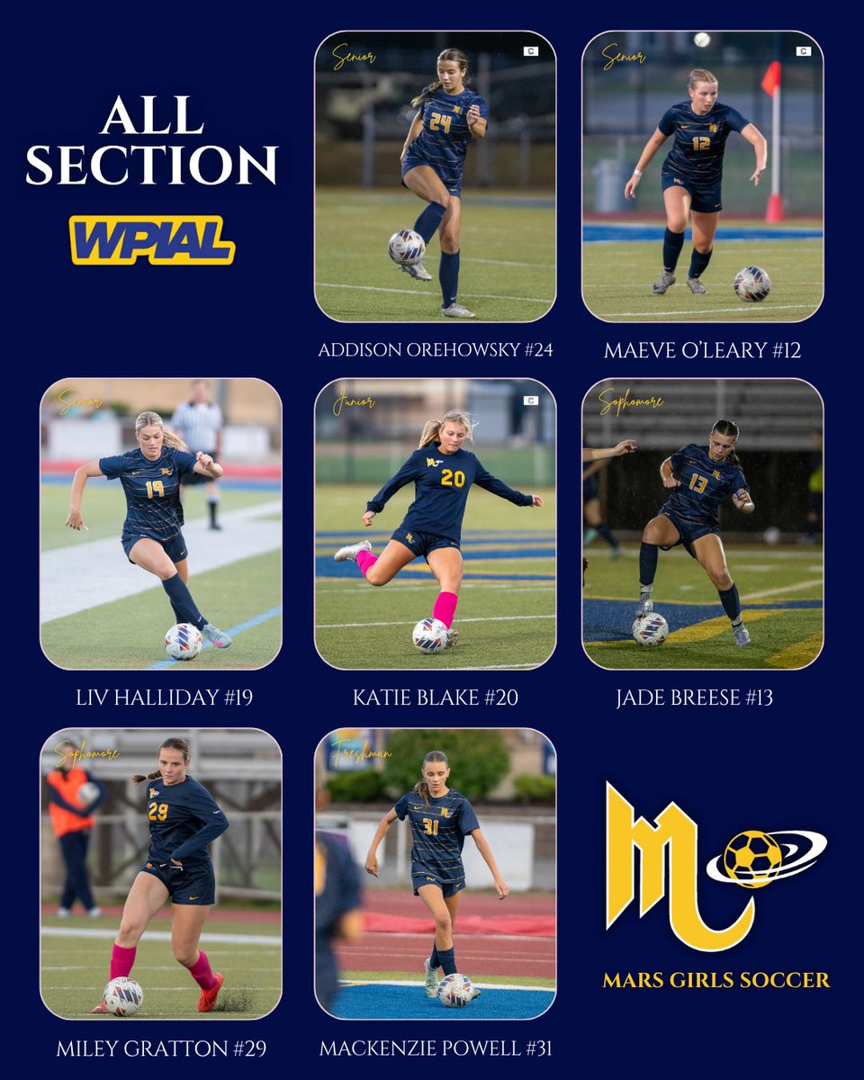Congratulations to our WPIAL All-Section selections! 🌟

Addison Orehowsky (#24)
Maeve O’Leary (#12)
Liv Halliday (#19)
Katie Blake (#20)
Jade Breese (#13)
Miley Gratton (#29)
Mackenzie Powell (#31)

Proud of the work, leadership, and consistency from this group all season! 💛⚽️