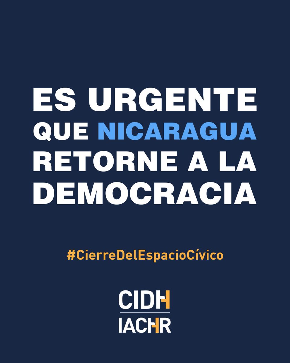CIDH's tweet image. El espacio cívico es el entorno donde las personas pueden expresarse libremente, reunirse y participar en la vida pública. 
 
❌ En #Nicaragua, este espacio ha sido sistemáticamente cerrado con el objetivo de concentrar el poder en el Ejecutivo.  
Conoce más sobre este…
