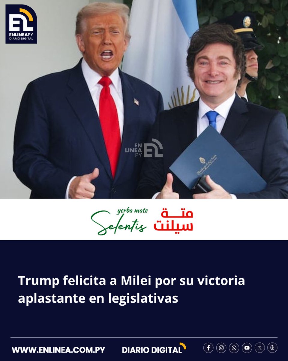 enlinea_py's tweet image. El presidente estadounidense, Donald Trump, felicitó el lunes a su aliado y homólogo argentino Javier Milei por la contundente victoria de su partido en las elecciones legislativas de su país.
enlinea.com.py/trump-felicita…