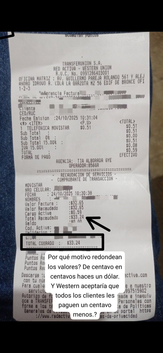 Hace un par de dias realicé un pago en <a href="/WesternUnion/">Western Union</a> y la persona que está en ventanilla hace los cobros sin siquiera preguntar si uno tiene el sencillo para facilitar el cobro de los valores. No es el hecho de que se queden con un centavo de más. Pero sí molesta esta actitud.