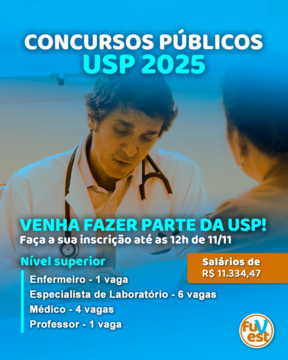 fuvest's tweet image. AS INSCRIÇÕES ESTÃO ABERTAS!

As inscrições para os concursos públicos da Universidade de São Paulo estão abertas até 12h do dia 11 de novembro.

💼 Cargos e vagas — Nível Superior:
 • Enfermeiro — 1 vaga (Obstetrícia)
(cont.)

#usp #concursospublicos #fuvest #concursos #vagas