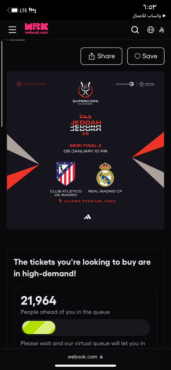 متاحة الآن لدينا تذاكر مباراة نصف نهائي كأس السوبر الإسباني في جدة 😎
- الأربعاء 7 يناير | برشلونة &amp; أتلتيك بلباو 
- الخميس 8 يناير | أتلتيكو &amp; ريال مدريد 

◾️النهائي الأحد 11 يناير

- جميع المباريات 10:00م
- جميعها في ملعب الانماء

احجزوا تذاكركم الآن عبر الرابط مثبت بالبايو