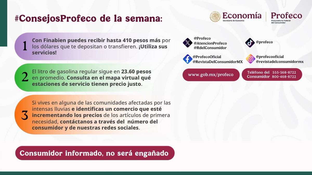 Les dejamos los #ConsejosProfeco de la semana, compártanlos con más personas. Buen día 🤓.