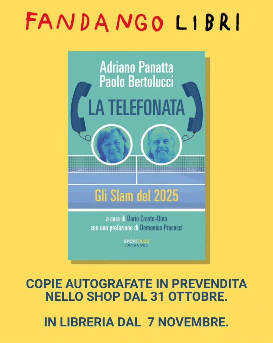 FandangoLibri's tweet image. UN'ECCEZIONALE OCCASIONE PER AVERE UNA COPIA AUTOGRAFATA DA PANATTA E BERTOLUCCI
Dal 31 ottobre alle ore 10 saranno disponibili solo nello shop Fandango 50 copie del libro LA TELEFONATA autografate dai due autori, il doppio (tennistico) più celebre di tutti i tempi. #latelefonata