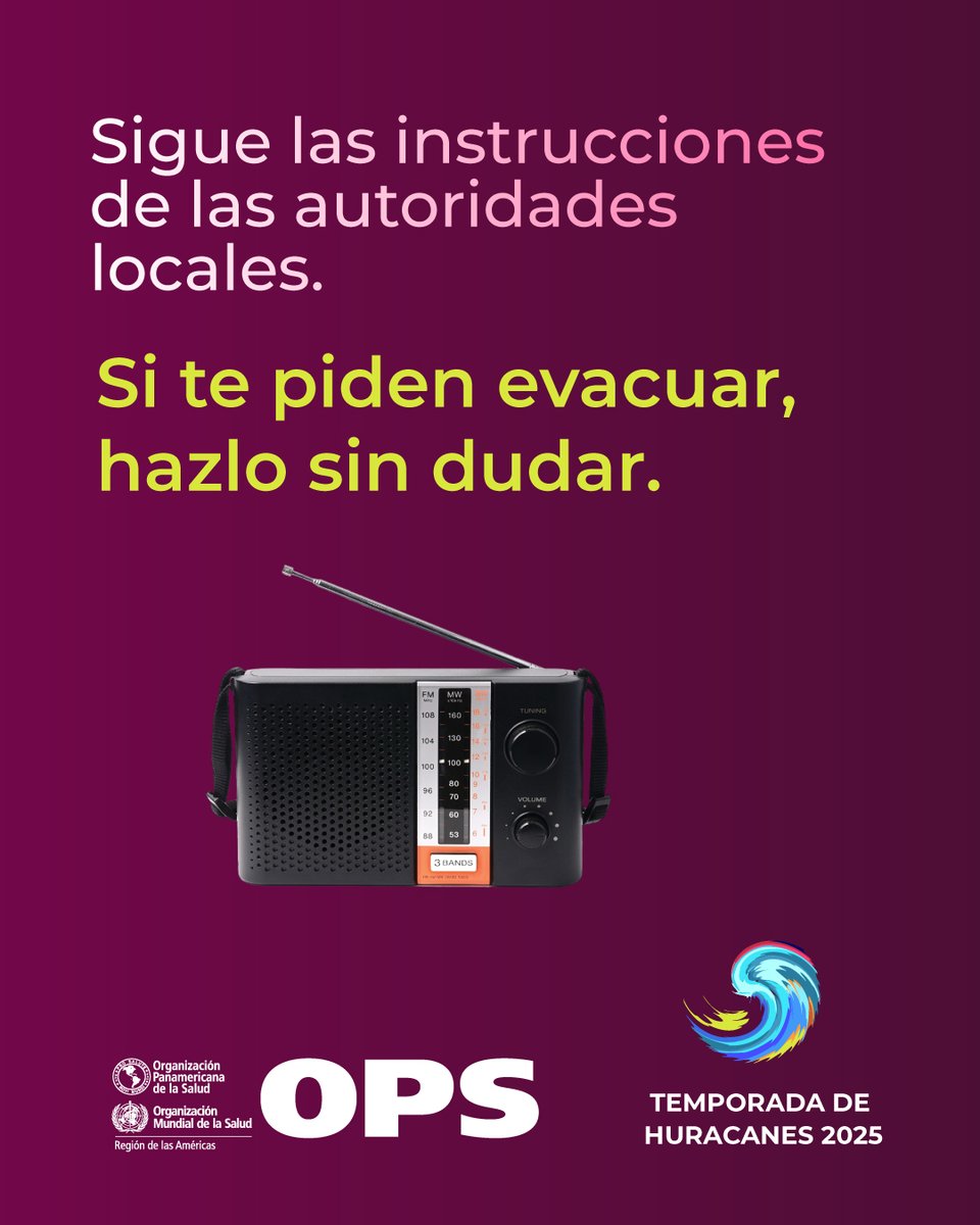 En caso de riesgo inminente de inundaciones por la tormenta #Melissa 🌀⛈️💨, sigue las instrucciones de las autoridades locales. 

¡Si te piden evacuar, hazlo sin dudar‼️

✅Más consejos para protegerte a ti y a tu familia: paho.org/es/temas/torme…