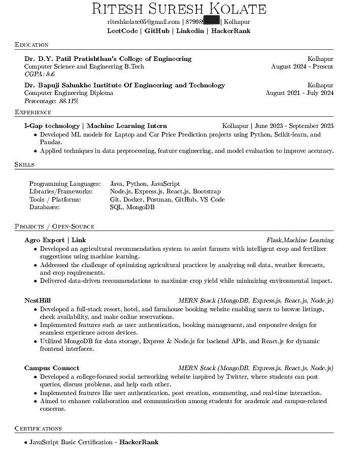 KolateRitesh's tweet image. 🚀 Updated my resume to reflect my latest Web Development (MERN) and Machine Learning experience.
Open to feedback from recruiters and professionals to make it stronger.
#WebDev #MERNStack #ResumeReview #TechCareers