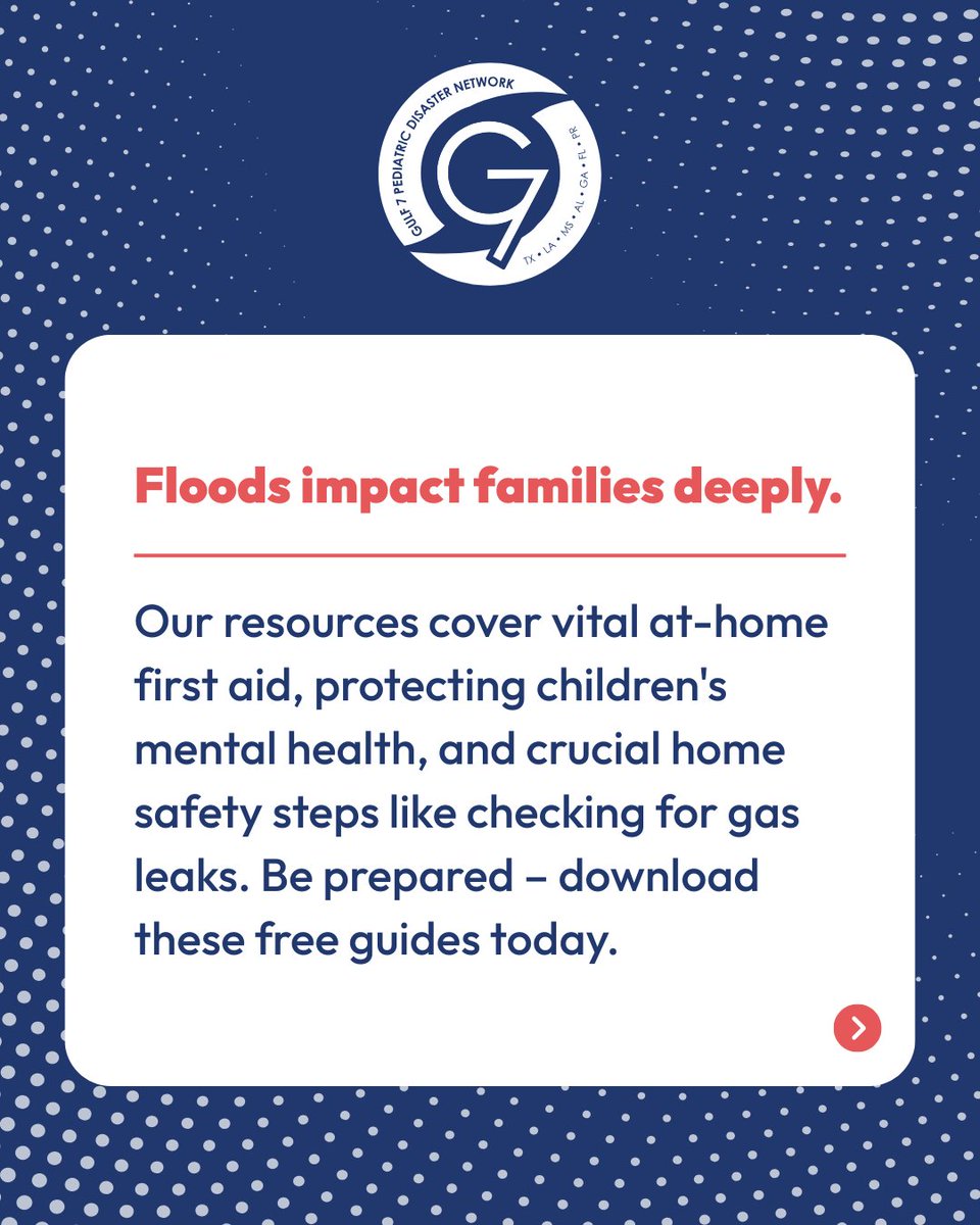 🌧️ We’re still in hurricane season — stay prepared and stay aware. Even after the storm passes, flooding can continue to cause disaster. Download G7’s free guides for post-flood first aid, child mental health, &amp; family safety. G7pedsdisaster.org
#HurricaneSeason #FloodSafety