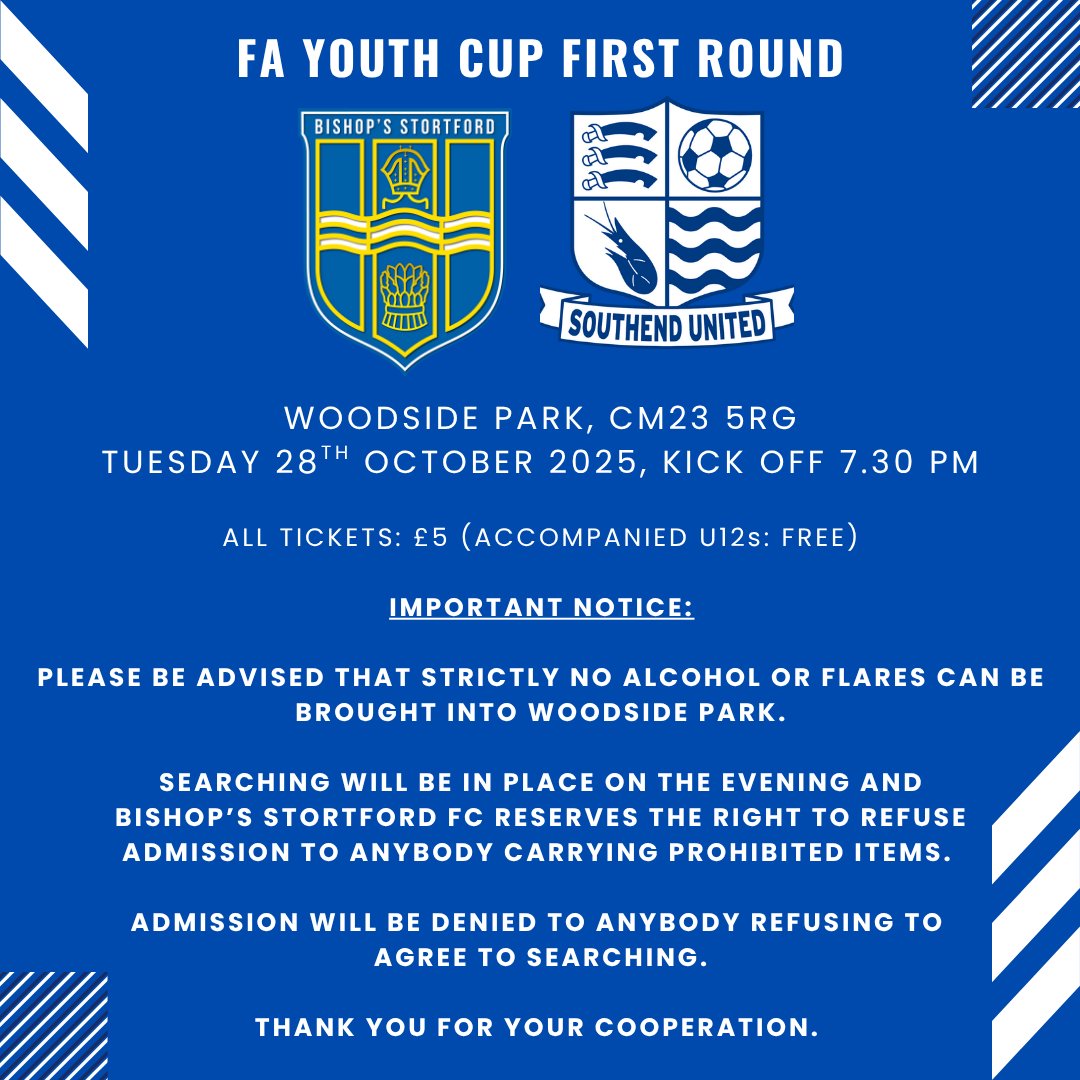 A reminder that our young Blues are in action against <a href="/SUFCRootsHall/">Southend United FC</a> at Woodside Park tomorrow evening.

Kick off is at 7.30pm with all tickets priced at £5 (Accompanied U12s free).

Please take a moment to read the important notice below: