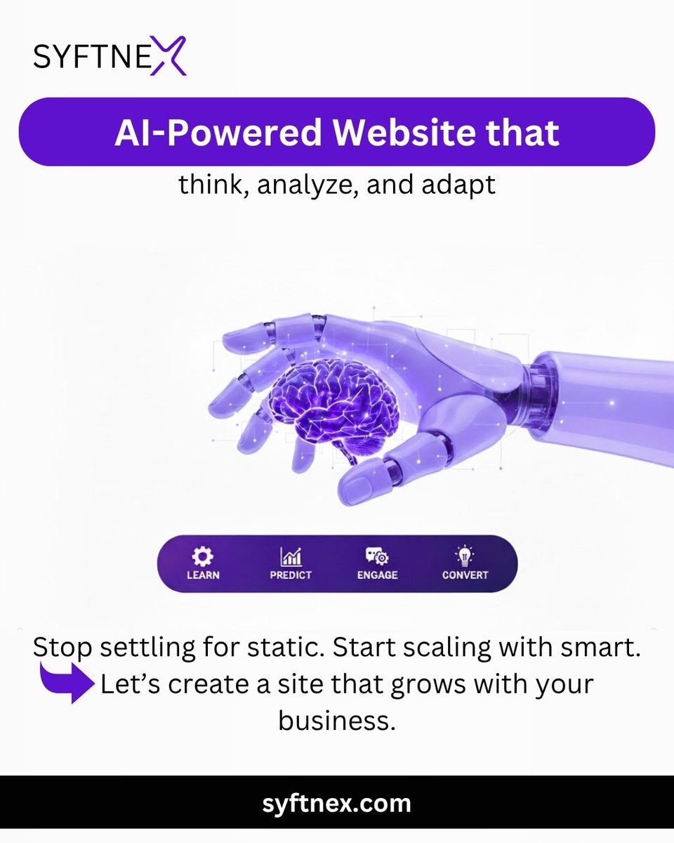 Syftnex's tweet image. AI-Powered Websites — The Future of Digital Business

What if your website could think, analyze, and adapt — just like your best salesperson? 🤖
At Syftnex, we build AI-powered websites that go beyond visuals.
#AIPoweredWebsites #WebDevelopment #ArtificialIntelligence #Syftnex