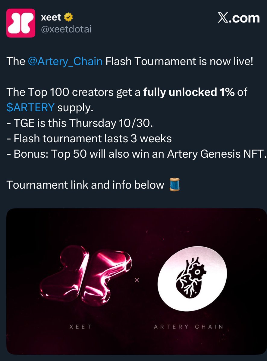 Another Flash Tournament! This time it’s from <a href="/xeetdotai/">xeet</a> with <a href="/Artery_Chain/">Artery Chain</a> 

<a href="/Artery_Chain/">Artery Chain</a> isn’t just another L1, it’s the chain where AI meets gaming.

Built on AVACloud, it’s optimized for speed, security &amp; scale, empowering creators with built-in AI APIs, no-code tools, and