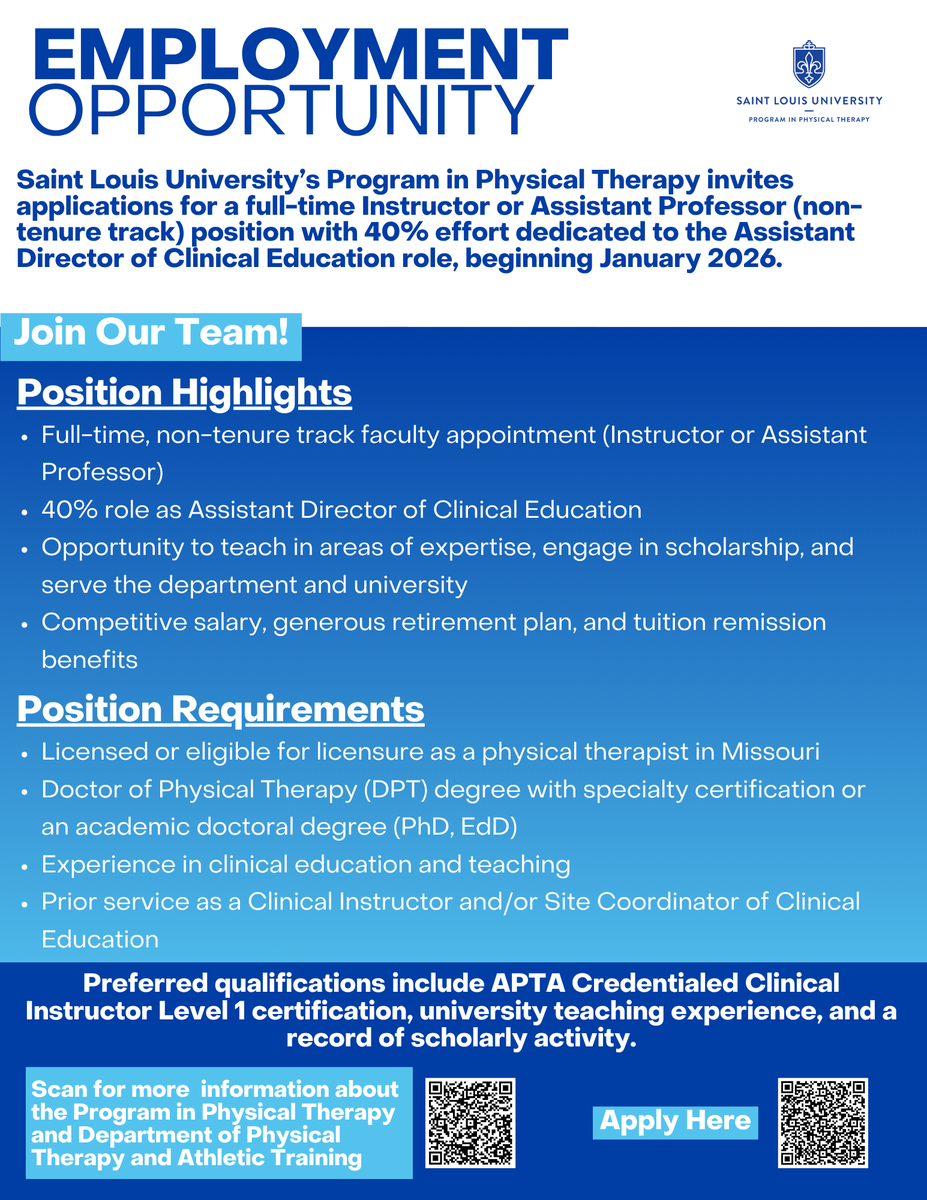 ✨Join Our Team at SLU!✨
SLU’s Program in PT seeks a full-time Instructor or Assistant Professor (non-tenure track) with 40% as Assistant Director of Clinical Education, starting Jan 2026.
Learn more 👉 loom.ly/p4TJfGA
Apply 👉 loom.ly/sLV59xM
#SLUPT #NowHiring
