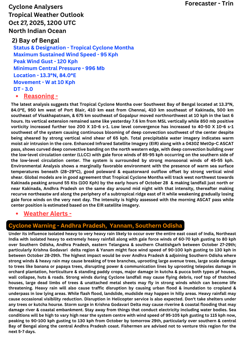 CycloneAnalyser's tweet photo. #TWO🚨
#Depression #AS03 caused isolated heavy to extremely heavy rain over #Gujarat yesterday,similar situation is expected today while #Cyclone #Montha over West Central #BayofBengal is expected to make landfall tomorrow night near #Kakinada.All preparation should be done now🌀 https://t.co/Jr6PNJgZjG