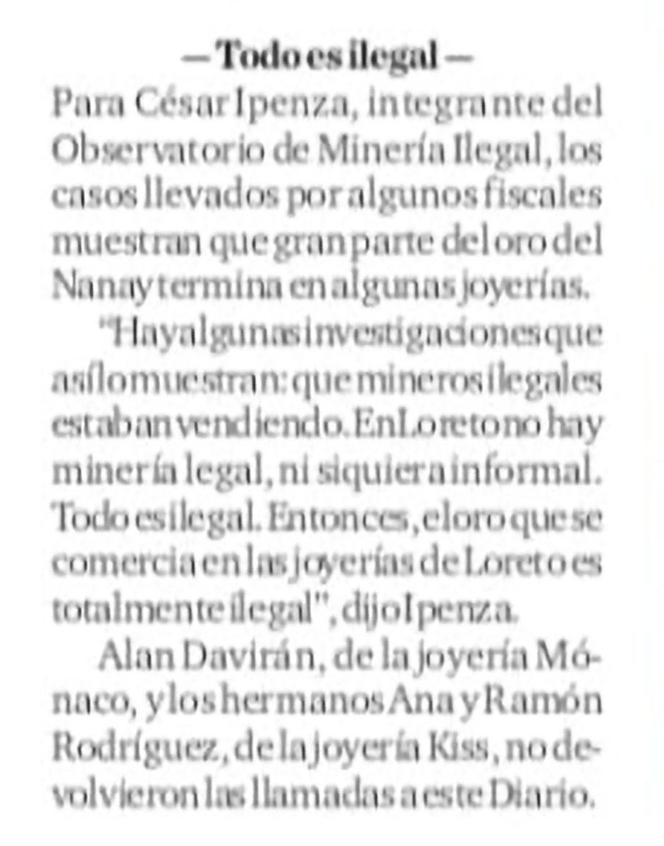 Nota de <a href="/M_GutierrezR/">MiguelGutiérrezR.</a> <a href="/elcomercio_peru/">El Comercio</a> que toma mis declaraciones en "La cadena de producción: Oro ilegal del río Nanay termina en las principales joyerías de Iquitos" <a href="/congresoperu/">Congreso del Perú 🇵🇪</a> <a href="/Observatoriomi/">Observatorio de Minería Ilegal</a> <a href="/ONGDAR/">ONG DAR</a>
<a href="/SBSPERU/">Superintendencia de Banca, Seguros y AFP</a> <a href="/SUNATOficial/">SUNAT</a> <a href="/FiscaliaPeru/">Ministerio Público</a>