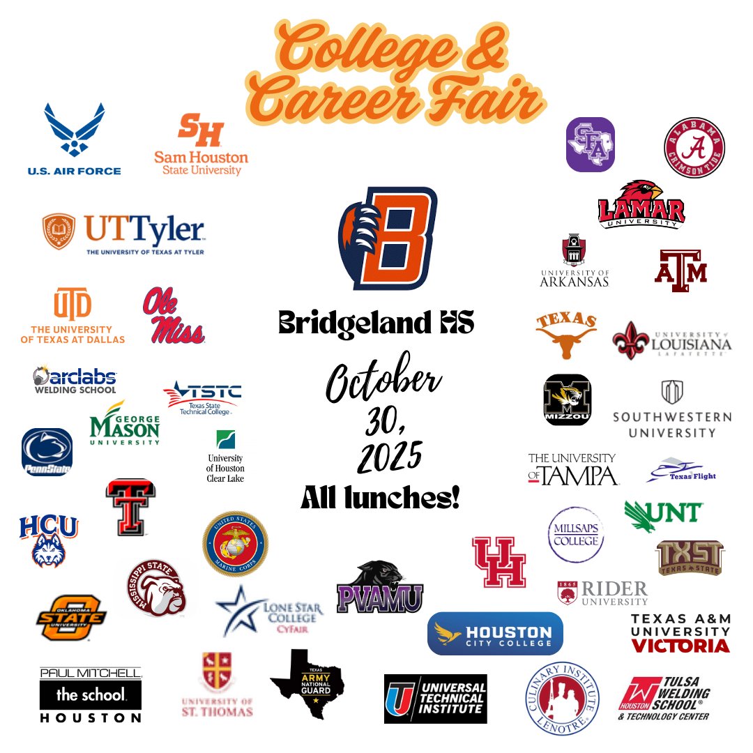 Our College, Career &amp; Military Fair is this Thursday, Oct. 30 during all lunches! Meet reps from top colleges, trade schools &amp; military branches and explore your next step after high school. Wear your college tee for a chance to win prizes! 🧡💙
#BridgelandBest #CollegeBound
