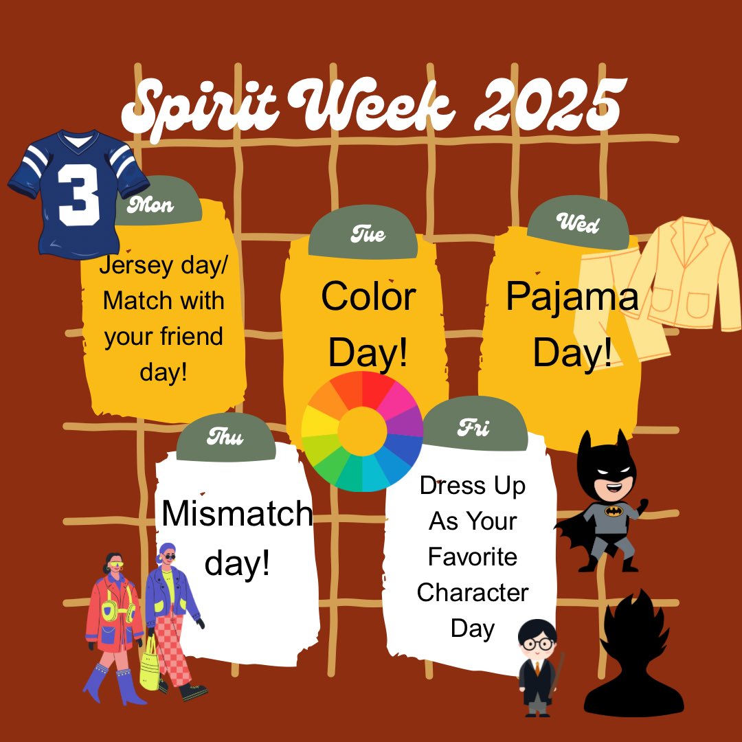 🎉 Spirit Week is HERE, HVA! 🎉

🏈 Monday – Jersey Day / Match with a Friend 👯
🌈 Tuesday – Color Day 🌈
😴 Wednesday – Pajama Day 💤
🎨 Thursday – Mismatch Day 🤪
🦸 Friday – Dress Up as Your Favorite Character 🎭

Snap pics, tag us, &amp; let’s make this week unforgettable!