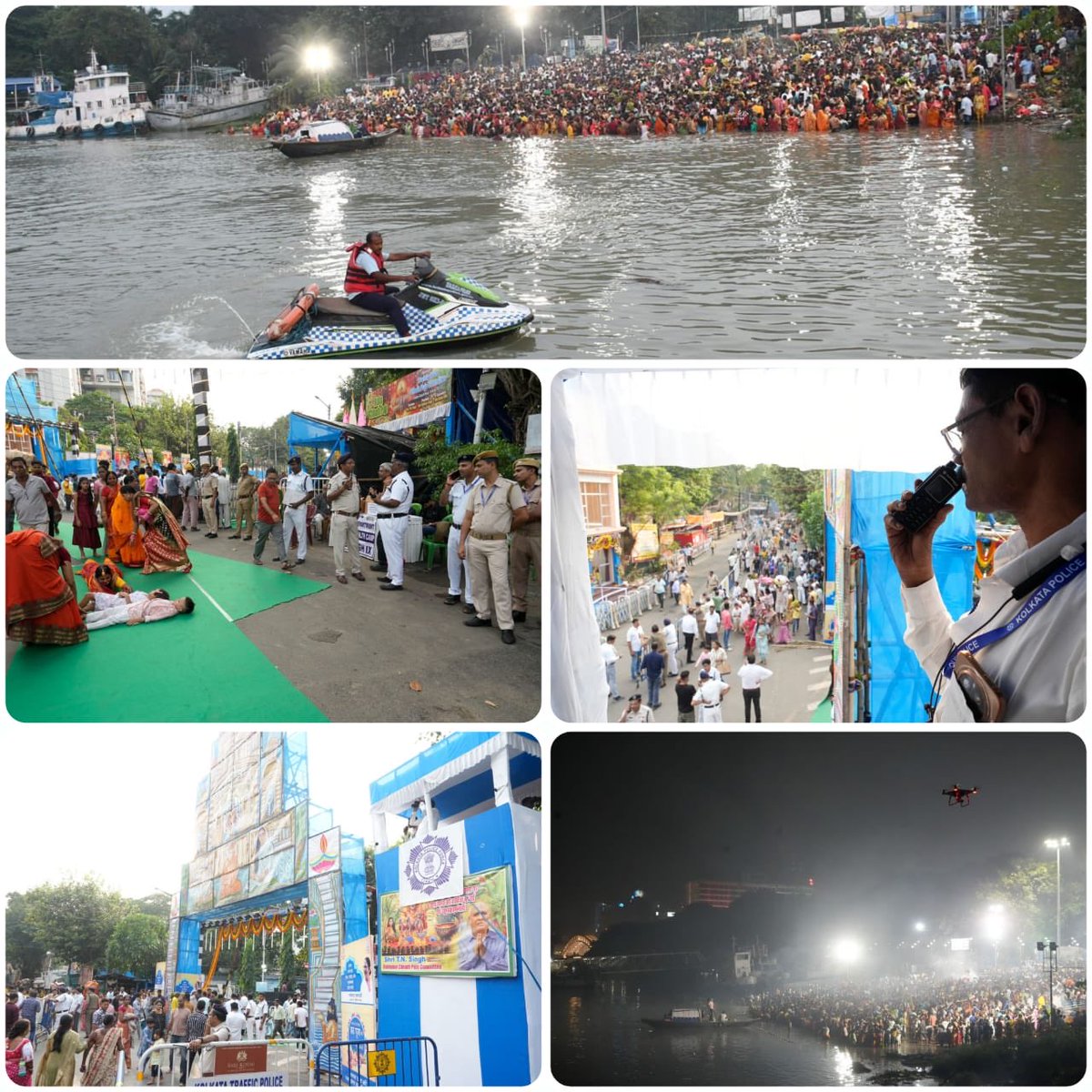 KolkataPolice's tweet photo. Chhat Puja 2025 | Glimpses from Today’s Arrangements

As devotees are gathering along the ghats of the Hooghly on the auspicious occasion of Chhat Puja, personnel from the River Traffic Police and the Disaster Management Group are  maintained a round-the-clock vigil from boats, making continuous safety announcements over megaphones to ensure safety and security of the devotees.

ছট পূজা ২০২৫ | আজকের ব্যবস্থাপনার কিছু ঝলক। 

পবিত্র ছট পূজা উপলক্ষে আজ হুগলি নদীর ঘাটজুড়ে ভক্তরা সমবেত হয়ে আরাধনা করছেন। ভক্তদের নিরাপত্তা ও সুরক্ষা নিশ্চিত করতে রিভার ট্রাফিক পুলিশ এবং ডিজাস্টার ম্যানেজমেন্ট গ্রুপের কর্মীরা নৌকায় করে দিনরাত টহল দিচ্ছেন এবং মেগাফোনের মাধ্যমে ক্রমাগত নিরাপত্তা সংক্রান্ত ঘোষণাও করছেন।