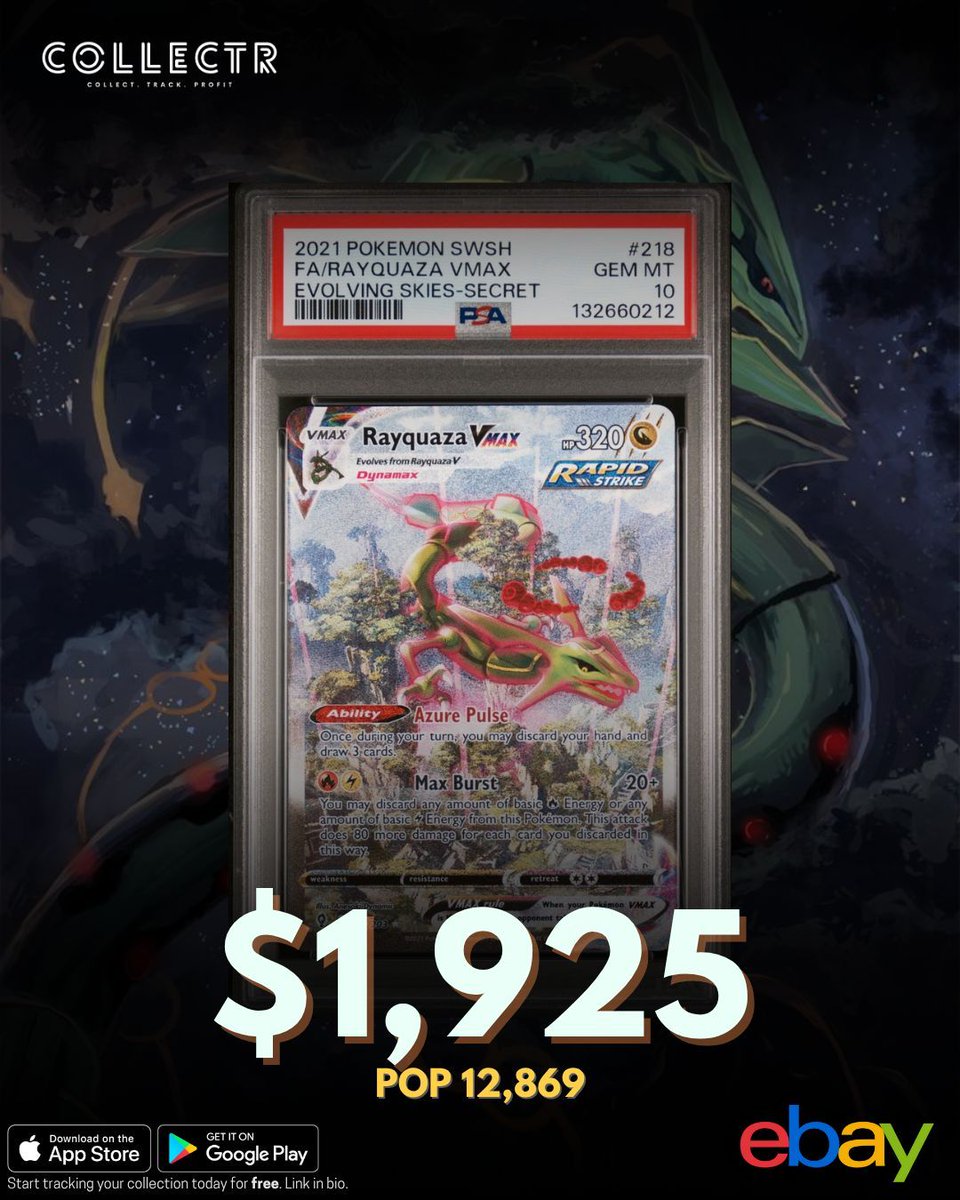 A #PSA10 Rayquaza VMAX from Evolving Skies just sold for $1,925 on eBay. Is  this card underrated or overrated?  #rayquaza #evolvingskies #vmax #psa10  #ebaysales #collectr #getcollectrapp #pokemon #Pokemontcg #pokemongoldstars  #pokemoncard #pokemoncards #
