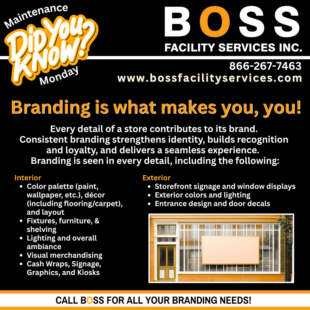 BOSSFSI's tweet image. Branding isn’t just about logos — it’s about creating an experience. ✨From signage to lighting, every detail matters. BOSS can help you create and maintain a space that tells your story and keeps guests coming back!✨
💪🖌️ 🏬 🏪 🙂
#BOSS #BossFSI #FacilityBranding