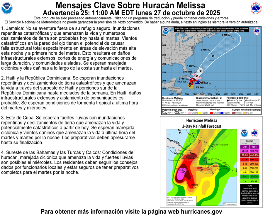 NHC_Atlantic's tweet image. 27 Oct 11AM EDT: @NOAA_HurrHunter @53rdWRS find #Melissa Stronger. Catastrophic and life-threatening winds, flooding, and storm surge expected on Jamaica tonight and early Tuesday. Here are the latest Key Messages.
