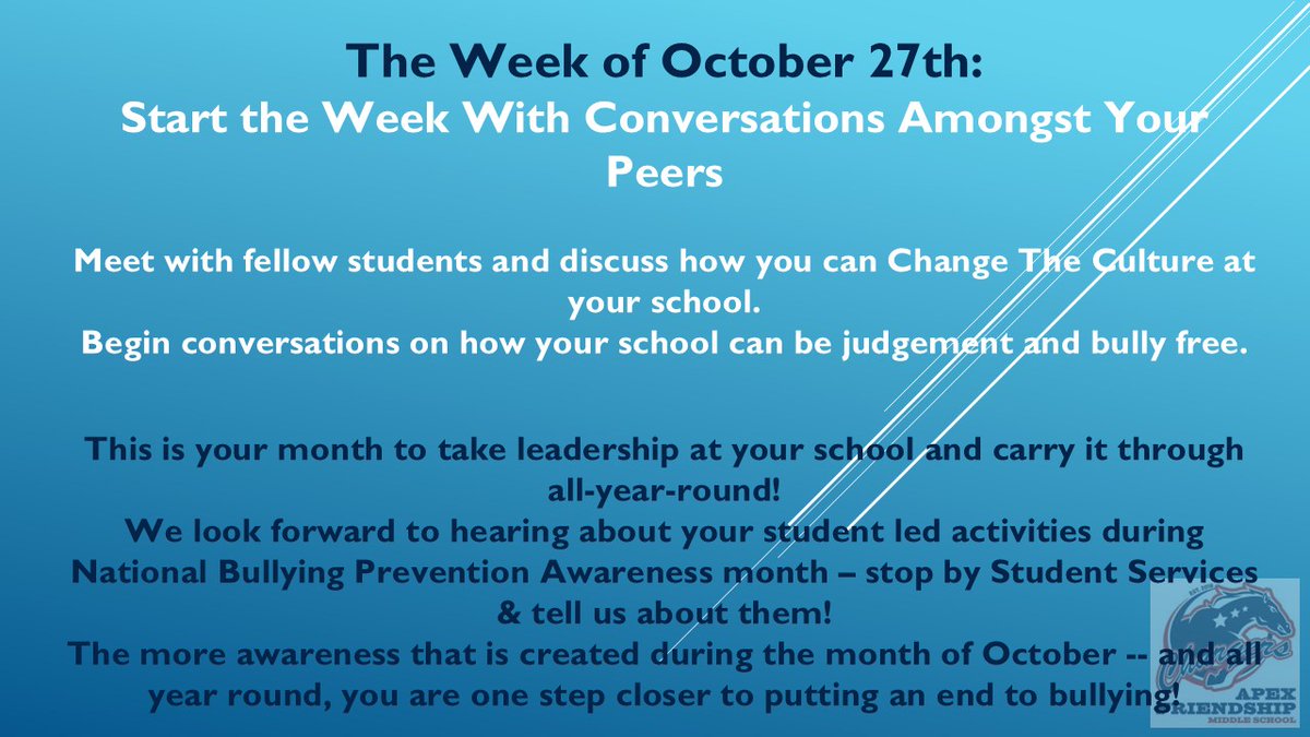 AFMSStudentServ's tweet image. Thanks for spending National Bullying Prevention Awareness Month with @AFMSStudentServ. We hope you learned something from our tips. 💙 @AFMSChargers