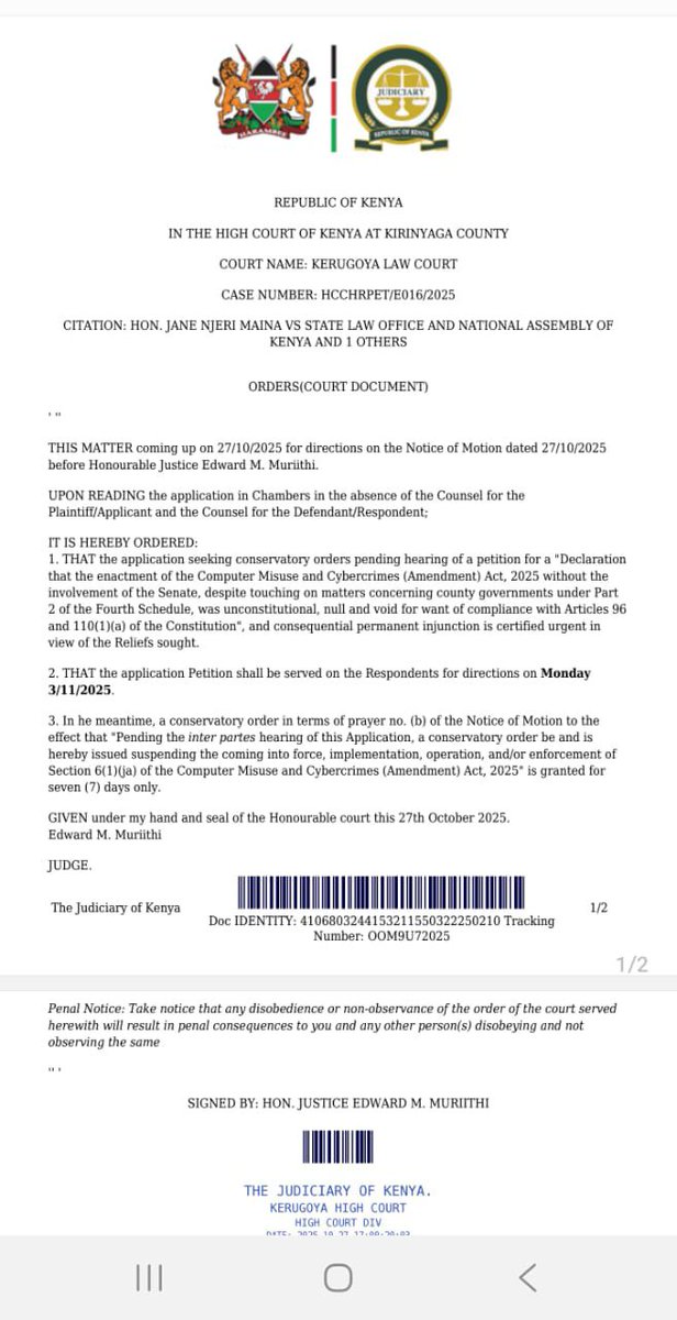 LeviMunyeri's tweet photo. The High Court in Kerugoya has issued a conservatory order on the implementation of 6(1)(ja) of the Computer Misuse and Cybercrimes (Ammendment) Act, 2025. https://t.co/jM8pucwVe1