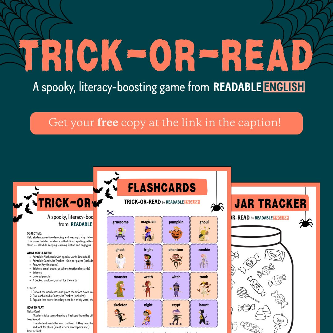 Readablenglish's tweet image. 👻 Make reading a treat this Halloween!

Our free Trick-or-Read printable turns spooky words into a fun decoding game. Kids earn candy “treats” as they read words, building confidence along the way.

Download here → hubs.ly/Q03PYw8p0
#FreebieForTeachers #LiteracyFun