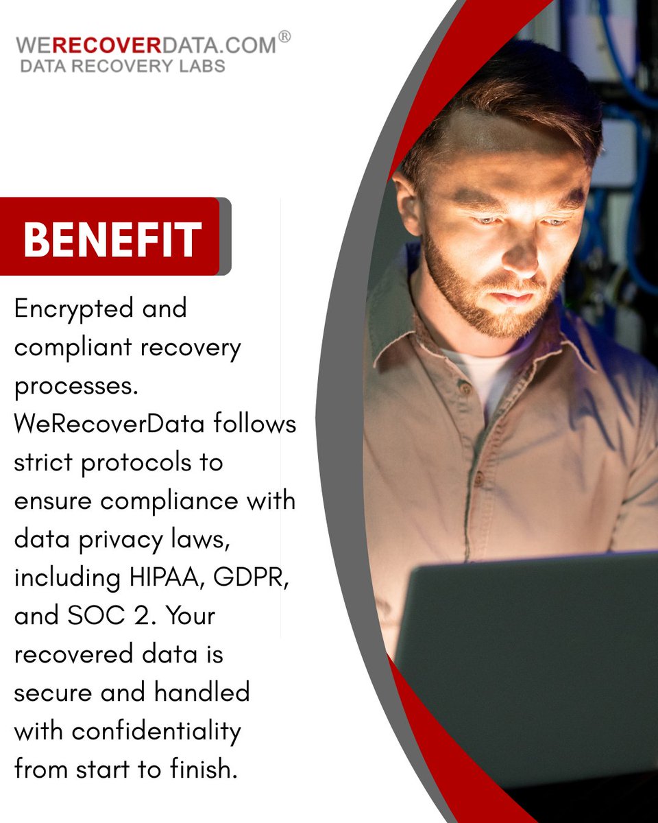 WeRecoverData's tweet image. Encrypted and compliant recovery processes. WeRecoverData follows strict protocols to ensure compliance with data privacy laws, including HIPAA, GDPR, and SOC 2. Your recovered data is secure and handled with confidentiality from start to finish.