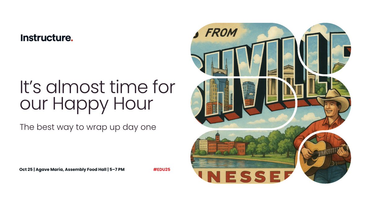 Instructure's tweet image. Reminder! 🔔 Don&apos;t forget to join us for our Happy Hour to connect with colleagues, spark conversations, and build connections.

📍 Assembly Food Hall (Agave María)
🗓️ October 27 | 5:00–7:00 PM

See you soon! 🎉

#EdTech #HigherEd #CanvasLMS #EDU25