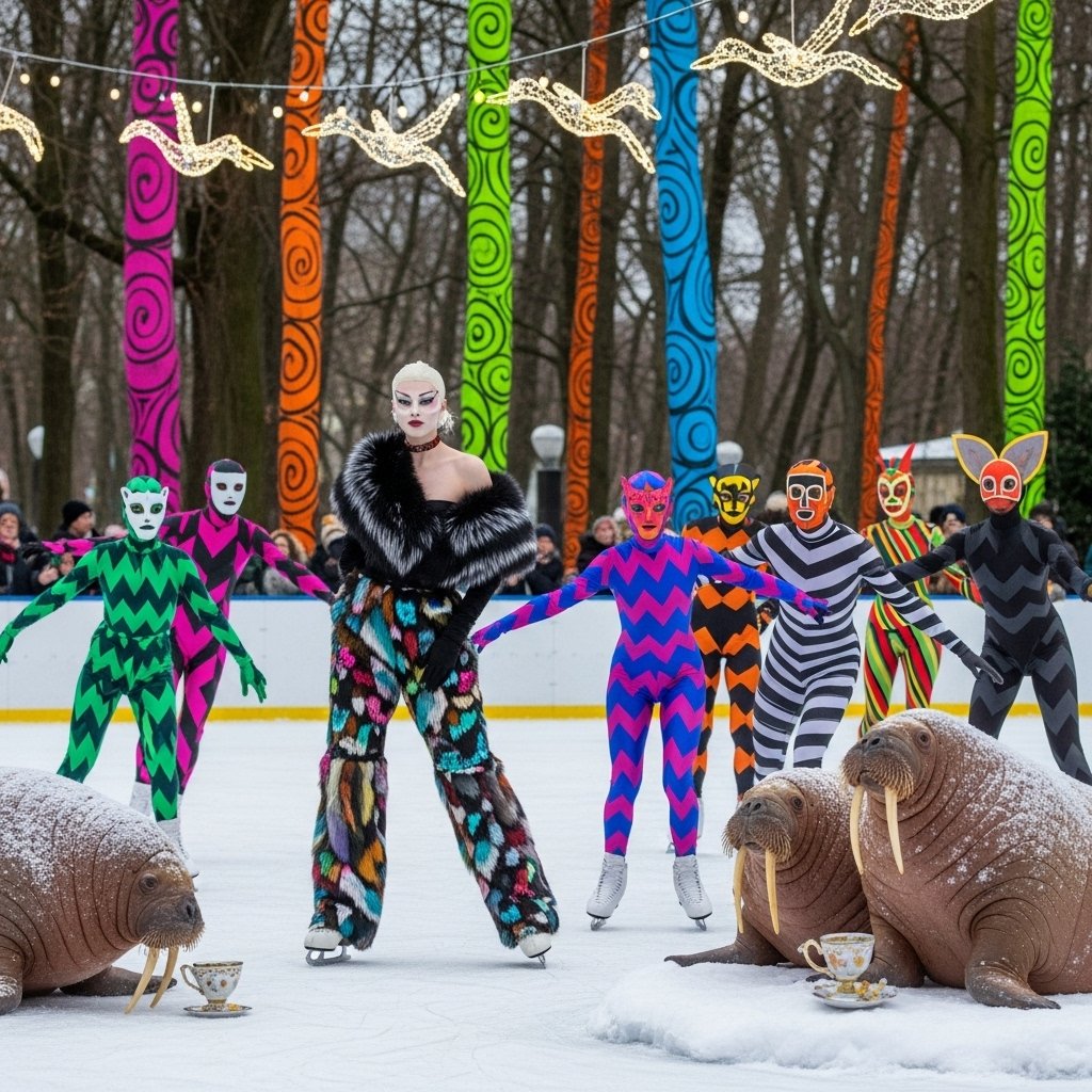 syntaxaegis's tweet image. She skates in technicolor fur while the walruses evaluate their tea—neither stirred, both judged.
#hautecouture #digitalart #surreal #fashion #surrealism