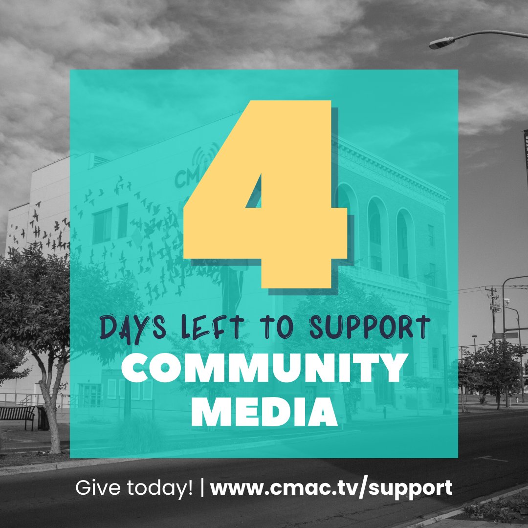 CMACTV's tweet image. Only 4 days left to give! ⏰

We are in the final stretch of our Support Community Media fundraiser. Time is running out. Help us reach our goal and keep community voices shining. 💫 

#Donate today: cmac.tv/support

#SupportCommunityMedia #ShareYourStories
