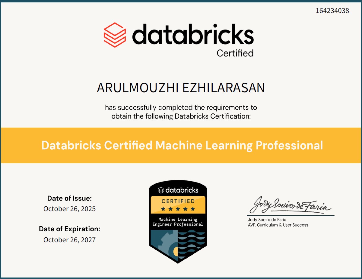 arulmouzhi's tweet image. certified from @databricks #machinelearning this time!