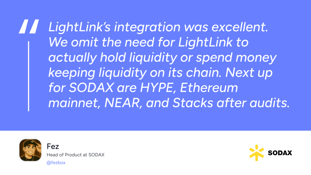 1/2 Highlights from our latest X Space with <a href="/gosodax/">SODAX</a> and <a href="/hanawallet/">Hana | All-in-One Crypto Money App</a>

<a href="/minhokim/">Min 🥤</a> on solvers as trading agents, <a href="/if_elsi/">Elsi</a> on removing gas barriers for new users, and <a href="/fezbox/">Fez</a> on building deep cross-chain liquidity with <a href="/LightLinkChain/">LightLink ⛓️</a>
