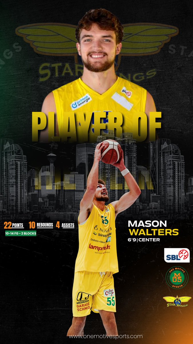 Mason Walters <a href="/masonwalters24/">Mason</a> shined this weekend in Switzerland! He had a massive stat line of:

22 points (10/14 FG)
10 rebounds
4 assists
2 blocks

As his Starwings team defeated Neuchatel 86-75. The performance earned him <a href="/EurobasketNews/">Eurobasket</a> Player of the Week in Switzerland! 🇨🇭