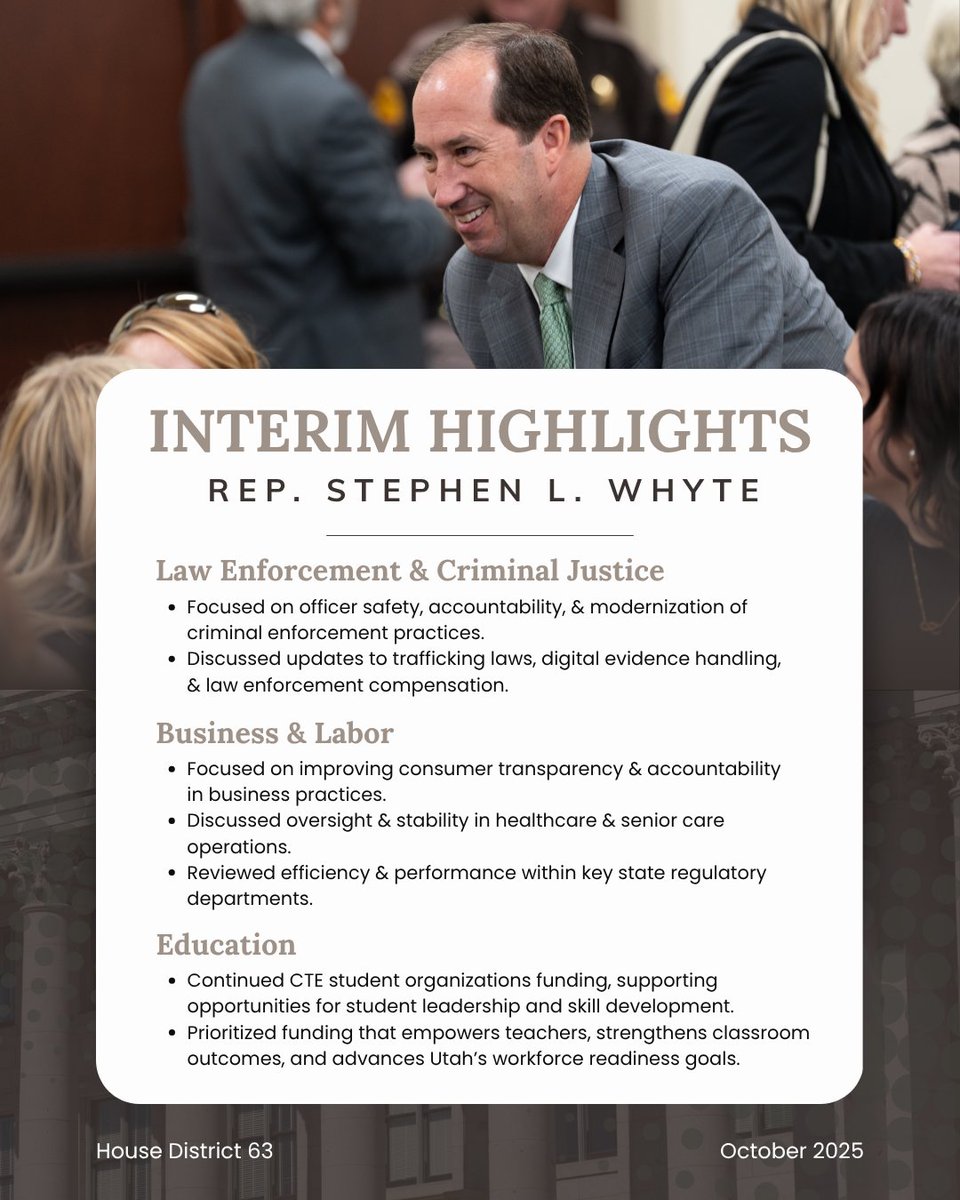 RepWhyte's tweet image. The October legislative interim committee meetings focused on keeping Utah the best state in the nation for generations to come. Education, infrastructure, water, energy, transportation, tax relief, crime, government accountability, business &amp;amp; workforce were issues we worked on.