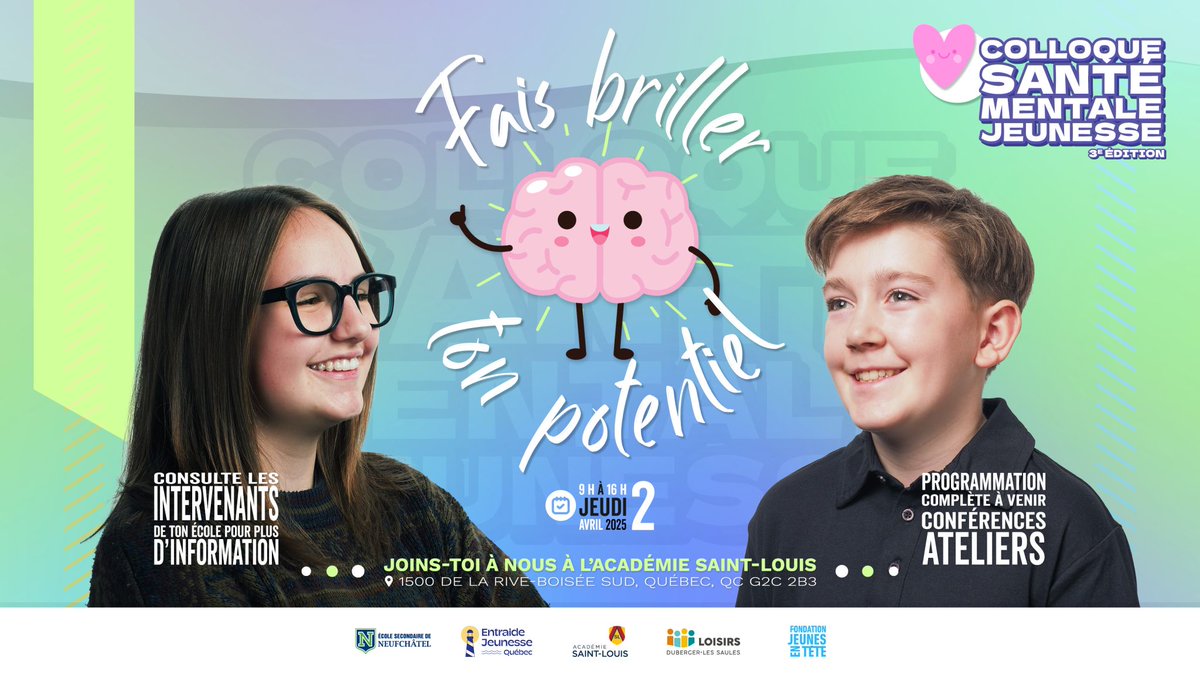 MarioAsselin's tweet image. Une 3e édition du colloque jeunesse qui promet d&apos;être tout aussi enrichissante... &quot;Fais briller ton potentiel&quot;

On se prépare pour le jeudi 2 avril 2026 à l&apos;Académie Saint-Louis - Secondaire!
#ÉduQc #SantéMentale #CapitaleNationale