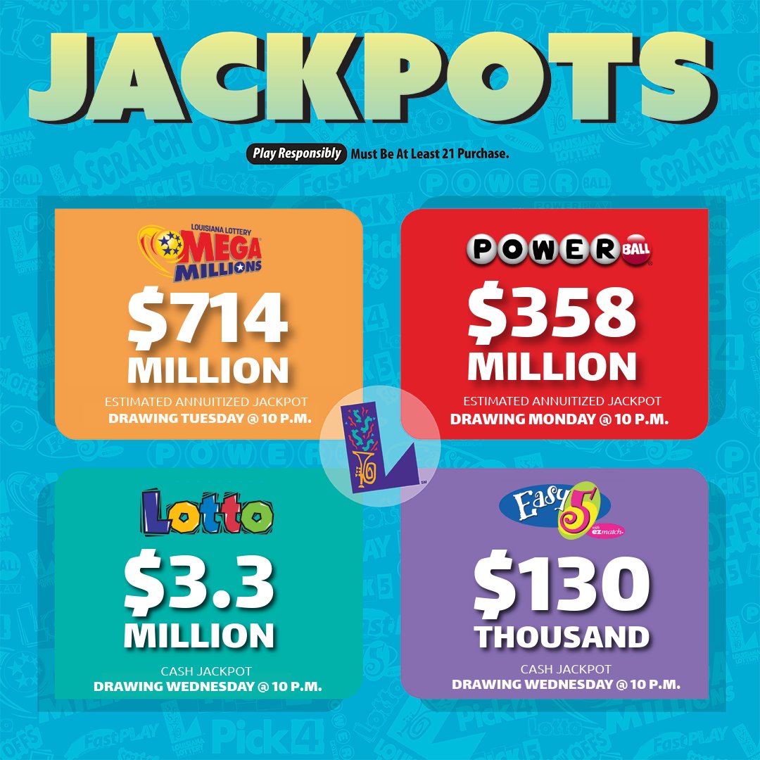 LALottery's tweet photo. Big week, big jackpots! Here’s what’s up for grabs tonight and tomorrow:

🟨 #MegaMillions - $690 MILLION
🟥 #Powerball - $358 MILLION
🟦 #Lotto - $3.3 MILLION
🟪 #Easy5 - $130 THOUSAND

Don’t miss your shot at a life-changing win!

🔗https://t.co/LohwyMpwf8 https://t.co/OM5G3eHZKJ